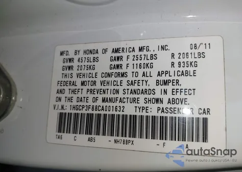 2012 Honda Accord 3.5 Ex-L из США, поврежденный, VIN 1HGCP3F88CA001632